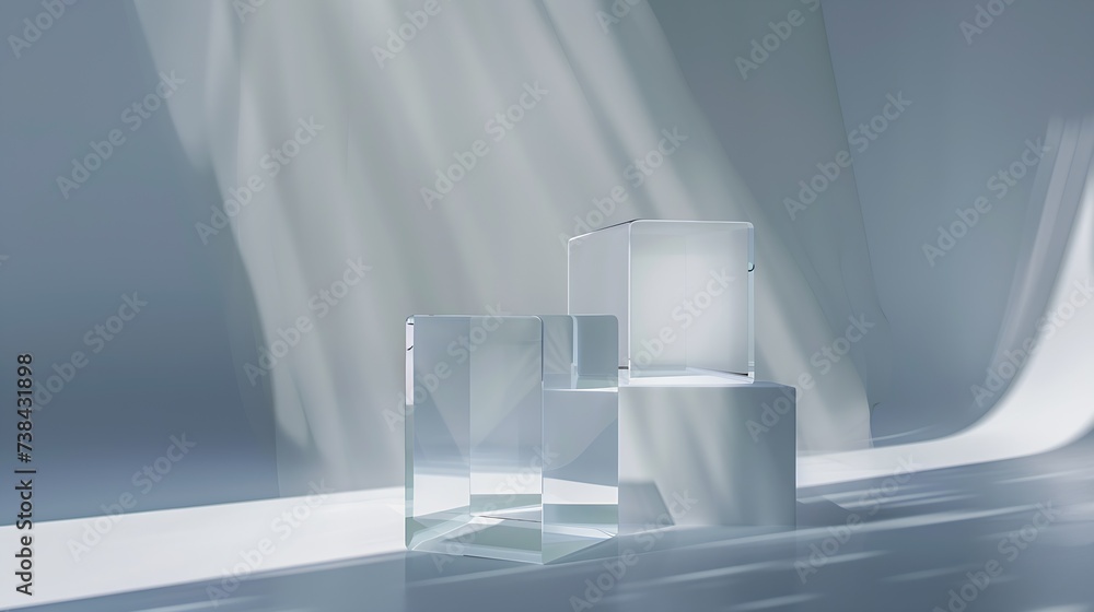 Poster glass pedestal product stage or showcase mockup scene made with acrylic blocks as a template for pro