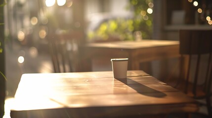 empty table to showcase your product against the background of a blurred cafe golden bokeh :...