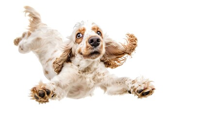 Pure youth crazy. English cocker spaniel young dog is posing. Cute playful white-braun doggy or pet is playing and looking happy isolated on white background. Concept of motion, action : Generative AI