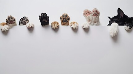 Row of the tops of heads of cats and dogs with paws up, peeking over a blank white sign. Sized for web banner or social media cover : Generative AI
