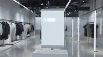 Mock up perspective blank vertical advertising signboard in acrylic frame on showcase with clipping path at fashion clothing shop in shopping mall empty space for insert Discount or pr : Generative AI - obrazy, fototapety, plakaty