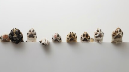 Row of the tops of heads of cats and dogs with paws up, peeking over a blank white sign. Sized for web banner or social media cover : Generative AI