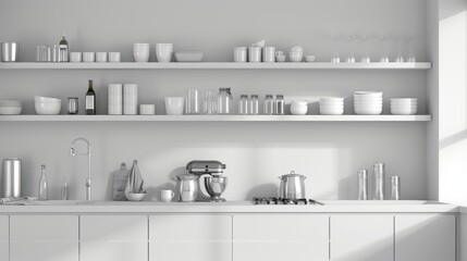 Sleek Monochromatic Kitchen with Open Shelving AI Generated.
