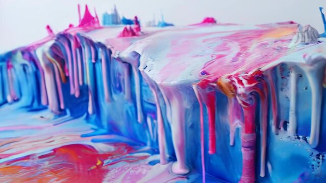 Paint dripping on a birthday cake with pink and blue colors.