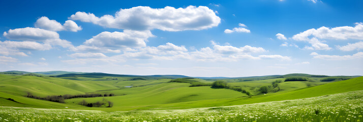 Fototapeta na wymiar Nature's Canvas: A Beautiful Landscape of Rolling Hills and Calm Stream Under Clear Blue Sky