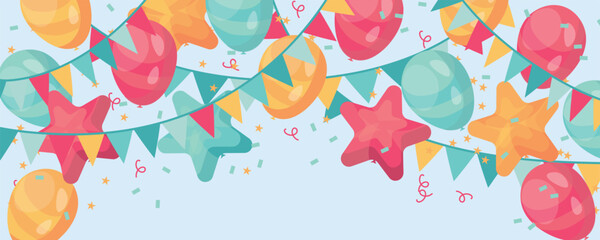 Colorful balloons with garland and confetti on light blue background