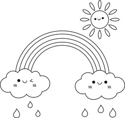 Kawaii rainbow and sun coloring page