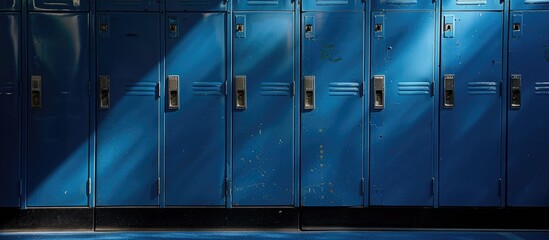 School lockers in a full frame shot, colored blue. - obrazy, fototapety, plakaty