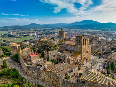 Aerial view of Pals a medieval town in Catalonia, northern Spain, near the sea in the heart of the Bay of Emporda on the Costa Brava with city walls