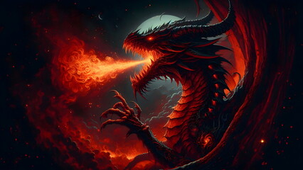 Red dragon breathing fire. Mythology creature. Dark fantasy