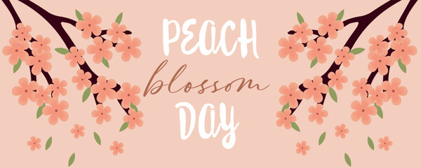 Banner with beautiful drawn blooming branches and text PEACH BLOSSOM DAY 
