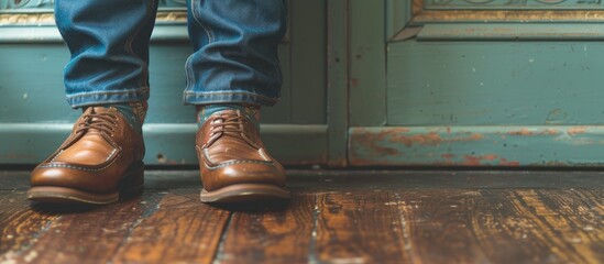 Close-up image of a man's leg and foot, displaying blue jeans, patterned socks, and dress shoes.