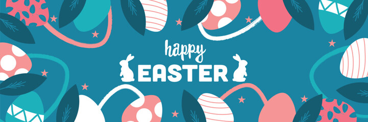 Festive banner for Happy Easter with painted eggs and bunnies