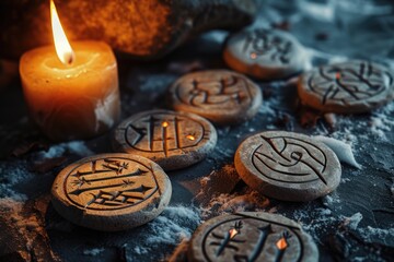 Candles are lit and surrounded by stone with symbols on them