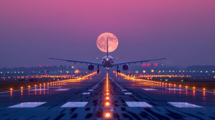 As the moon rises above the horizon its soft glow merges with the bright runway lighting painting a serene picture in the stillness of the night. - Powered by Adobe