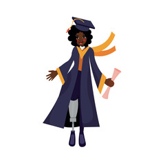 Female African-American graduating student with prosthetic leg on white background