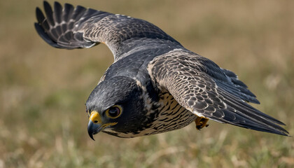 Fototapeta premium Zoom in to reveal the intense gaze of a peregrine falcon mid flight, its streamlined form slicing through the air with unparalleled precision