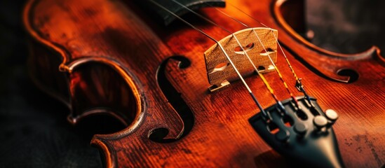 Bridge and violin strings in close-up view.