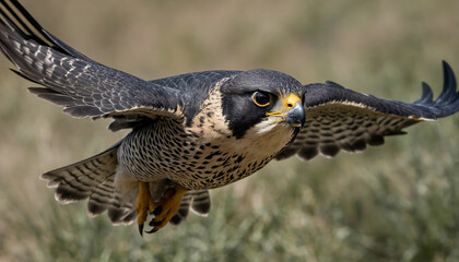 Zoom in to reveal the intense gaze of a peregrine falcon mid flight, its streamlined form slicing through the air with unparalleled precision