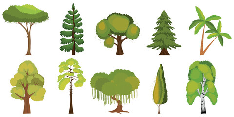 Set of different drawn trees on white background