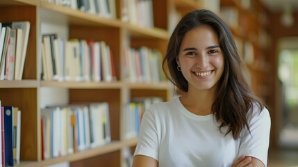 female student standing in library
