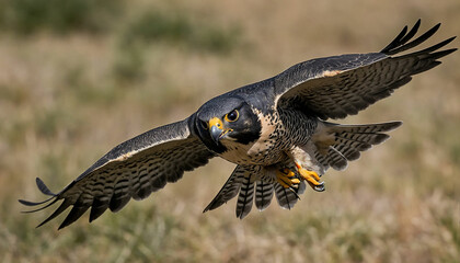 Obraz premium Zoom in to reveal the intense gaze of a peregrine falcon mid flight, its streamlined form slicing through the air with unparalleled precision