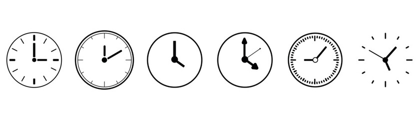 Set of many drawn clocks on white background