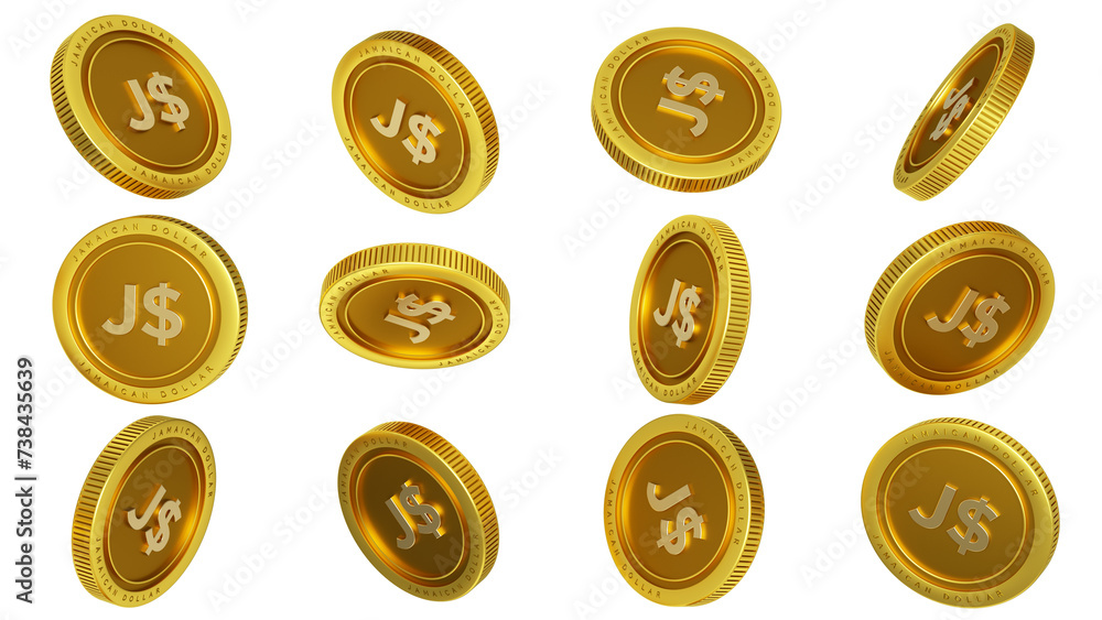 Poster 3d rendering of set of abstract golden jamaican dollar coins concept in different angles. jamaican d