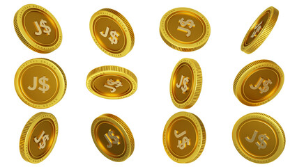 3D rendering of set of abstract golden Jamaican dollar coins concept in different angles. Jamaican dollar sign on golden coin isolated on transparent background