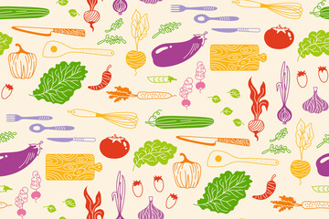 Vegetables cartoon seamless pattern. Vegetable boundless background. Vegetarian childish healthy food endless design for paper print, fabric textile, wrapper backdrop, repeat template packaging vector