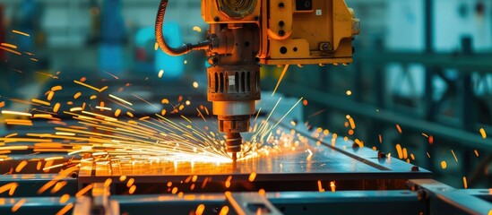 Robotic welding machine automates soldering, welding metal sheets. - obrazy, fototapety, plakaty