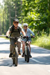 senior couple riding bicycles on road at summer park