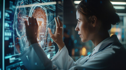 Close-up of a doctor analyzing a patient's MRI scan of brain displayed on a holographic screen . Futuristic high tech innovative medical diagnosis .