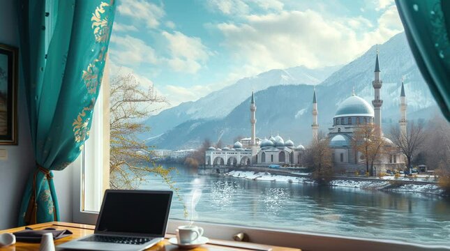 Scenic view from a laptop by the window, overlooking a serene lake with an elegant mosque reflected in its waters, creat Seamless looping 4k time-lapse virtual video animation background. Generated AI