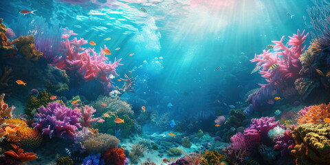 Fototapeta na wymiar Coral reef and fishes underwater seascape background
