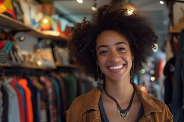 Obraz premium a smiling woman with an afro standing in her fashion store