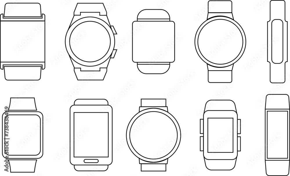 Poster set of smart hand watch with bracelet vectors icons in linear styles with editable stock. clock icon