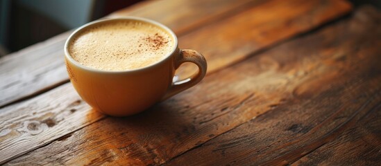 Coffee with foam in a ceramic cup on a wooden cafe table, with room for text.