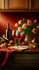 Obraz na płótnie Canvas Still life with two wine glasses, roses and a bottle of wine on a table and a red background