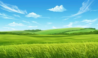 Tuinposter flat green meadow, with bright blue sky, for dairy product background  © Pumapala