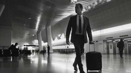 A man in a business suit walks swiftly through the airport pulling his wheelie suitcase behind him. Despite the serious look on his face you can tell hes already dreaming - obrazy, fototapety, plakaty