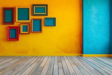 colorful photo frame collection on yellow wall in a blue room with wooden floor - Powered by Adobe