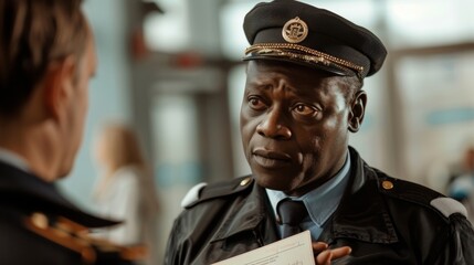 A customs officer in an official uniform looks over a travelers documents with a stern expression stamping their passport before motioning them forward.