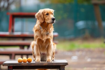 Dog sitting on a table with three oranges