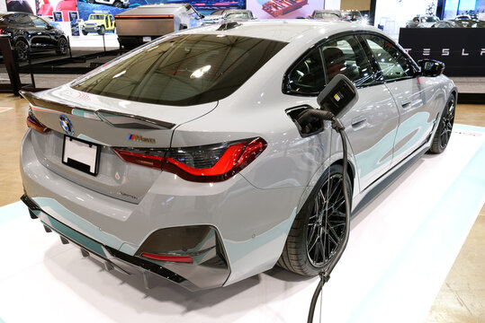 TORONTO-FEBRUARY 15, 2024: Charging BMW i4 M50 at the 2024 Canadian International Auto Show in Toronto