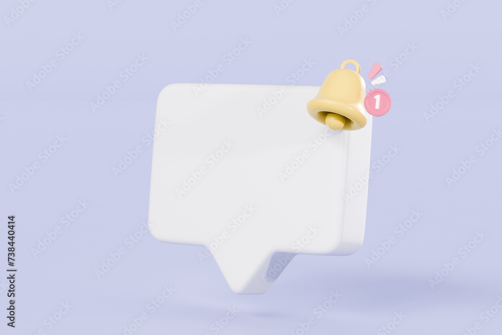 Poster 3d white square speech bubble with bell notification icon symbol. communication speech bubble for di