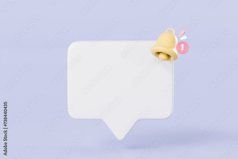 Poster 3d white square speech bubble with bell notification icon symbol. communication speech bubble for di