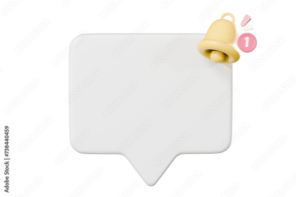 Poster 3d white square speech bubble with bell notification icon symbol. communication speech bubble for di