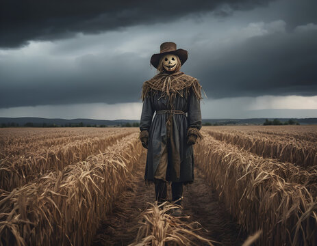 A lone, weather-beaten scarecrow in a deserted field under a stormy sky, evoking feelings of isolation and endurance
