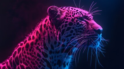 A profile portrait of a leopard with neon blue and pink lighting accents against a dark background, creating a striking and artistic representation of wildlife. 